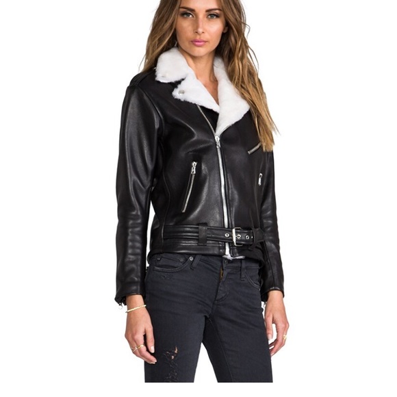 Shearling leather fur coat jacket white / cream and black - Picture 3 of 16